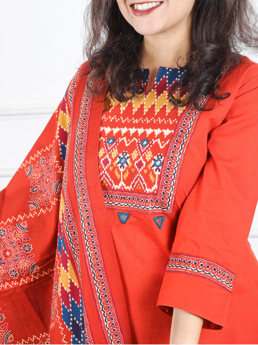 Khusboo Rust Orange Printed Patch with Mirror Work in Cotton 3 Piece Set