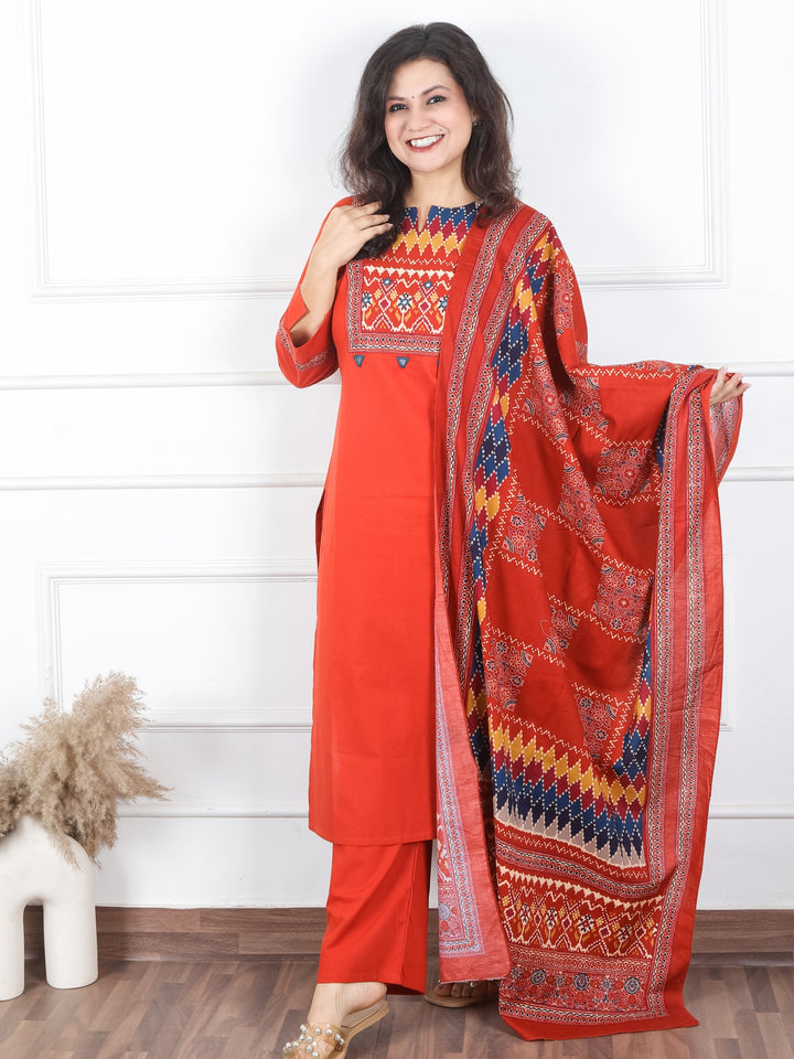 Khusboo Rust Orange Printed Patch with Mirror Work in Cotton 3 Piece Set