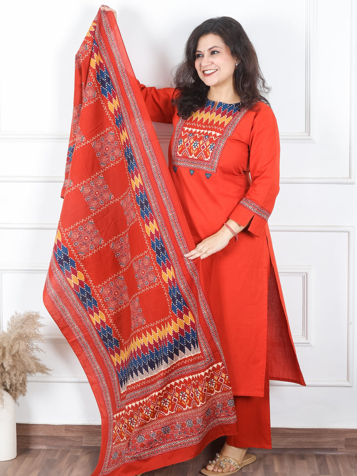 Khusboo Rust Orange Printed Patch with Mirror Work in Cotton 3 Piece Set