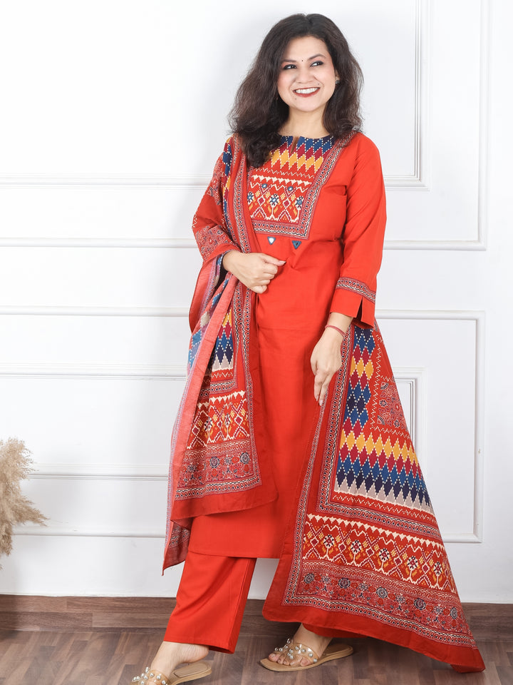 Khusboo Rust Orange Printed Patch with Mirror Work in Cotton 3 Piece Set