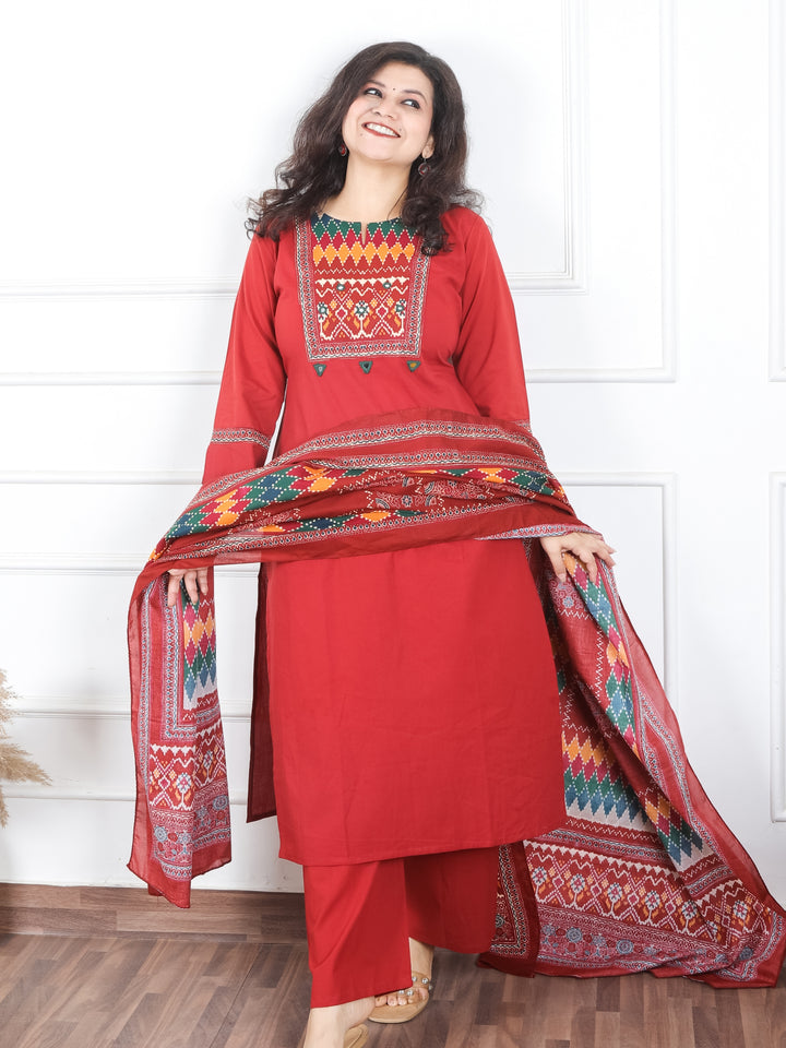 Khusboo Apple Red Printed Patch with Mirror Work in Cotton 3 Piece Set