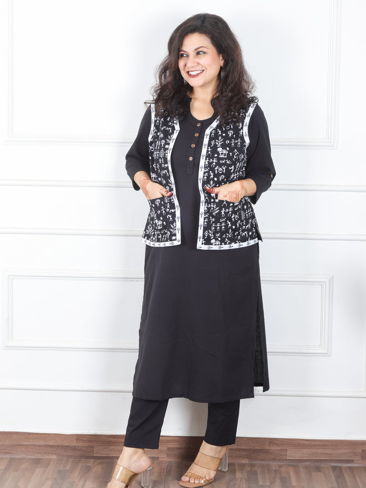 Sejal Oil Black in All Over Verli Printed Cotton Jacket with Pocket