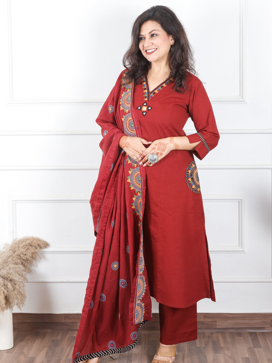 Kaveri Maroon Red V Neck Mirror Work with Embroiered Pocket Cotton 3 Piece Set