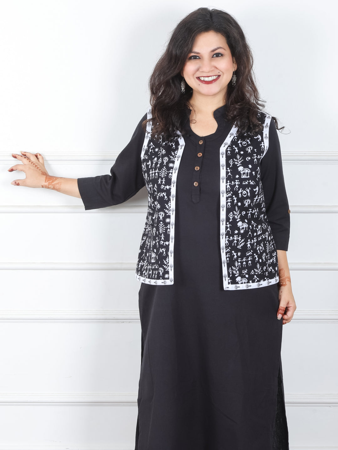 Sejal Oil Black in All Over Verli Printed Cotton Jacket with Pocket
