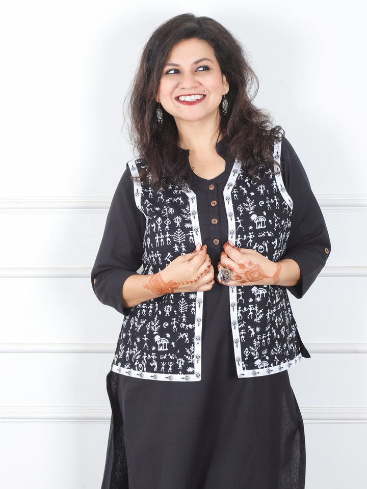 Sejal Oil Black in All Over Verli Printed Cotton Jacket with Pocket