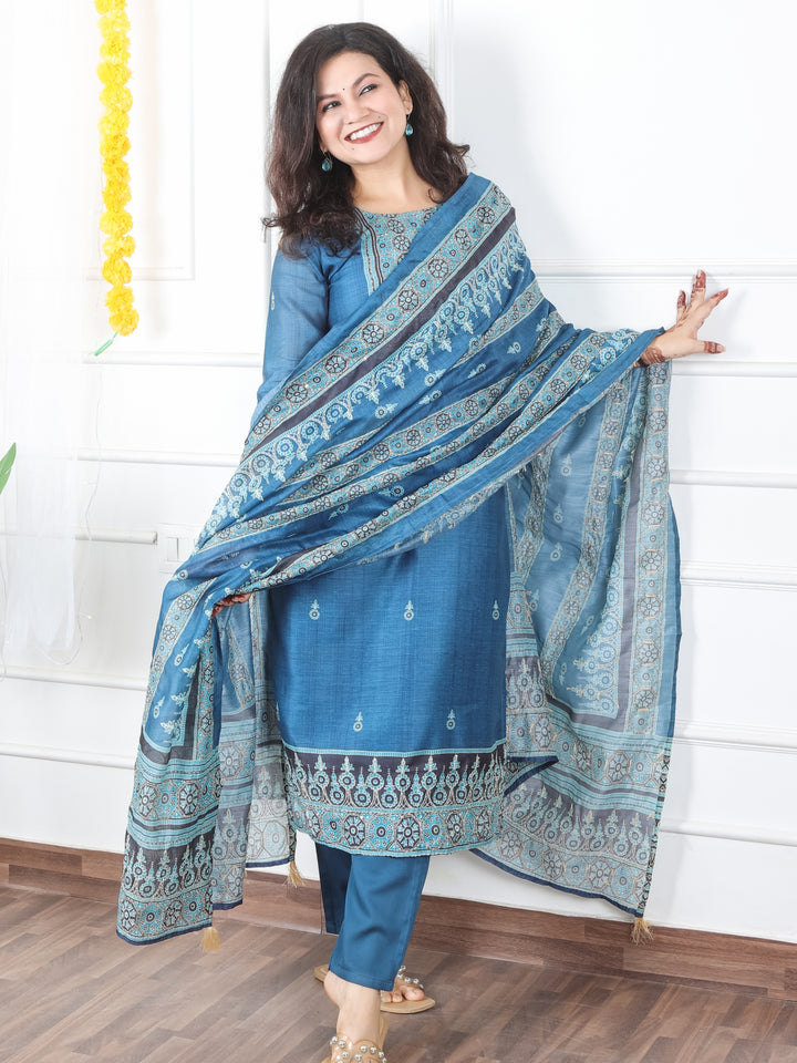Mivaan Cerulean Blue All Over Digital Printed with Kantha Work Chanderi 3 Piece Set