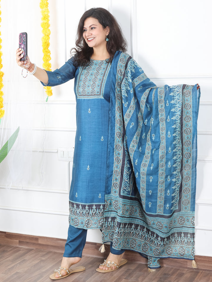 Mivaan Cerulean Blue All Over Digital Printed with Kantha Work Chanderi 3 Piece Set