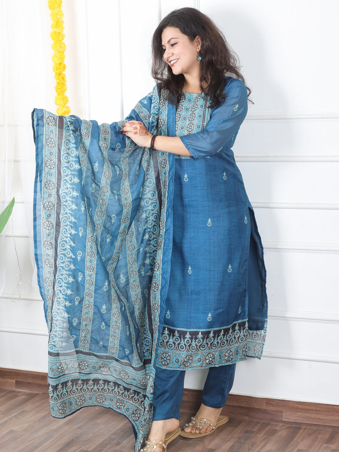Mivaan Cerulean Blue All Over Digital Printed with Kantha Work Chanderi 3 Piece Set
