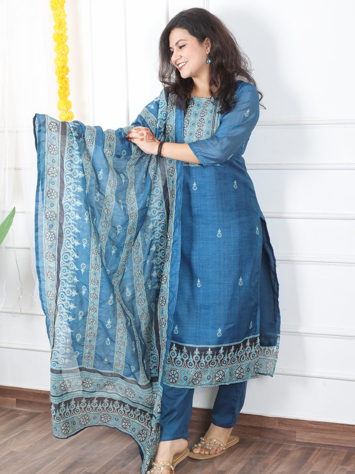 Mivaan Cerulean Blue All Over Digital Printed with Kantha Work Chanderi 3 Piece Set