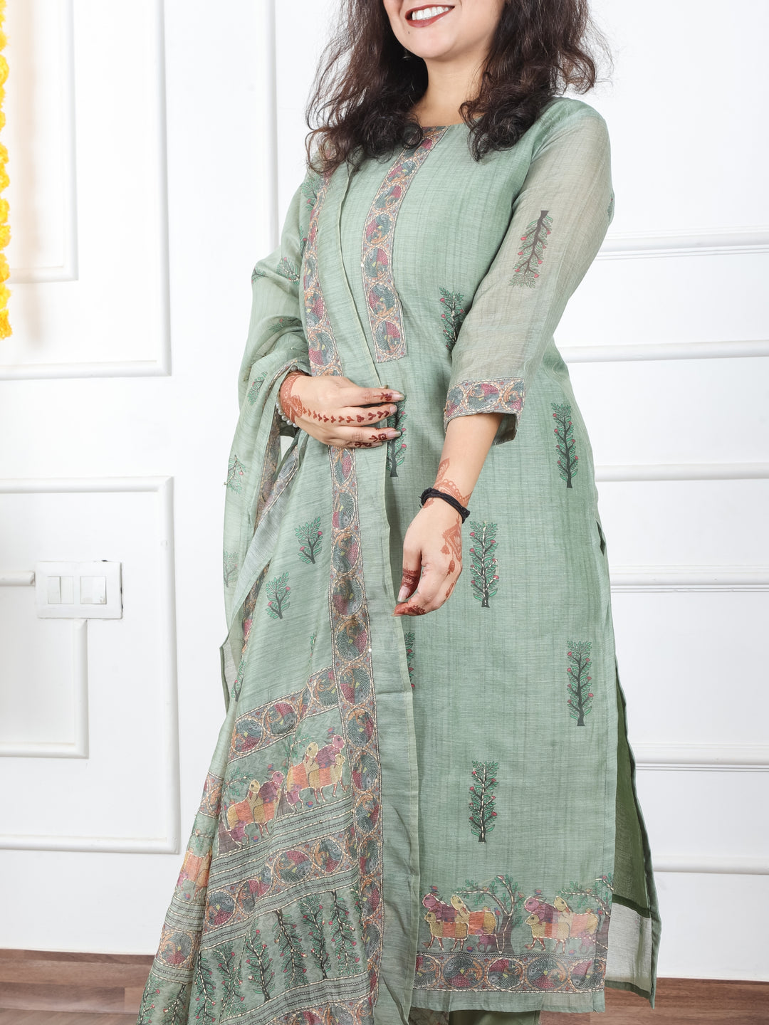 Kavish Fern Green Printed Hem with Kantha Work Detailing Chanderi 3 Piece Set