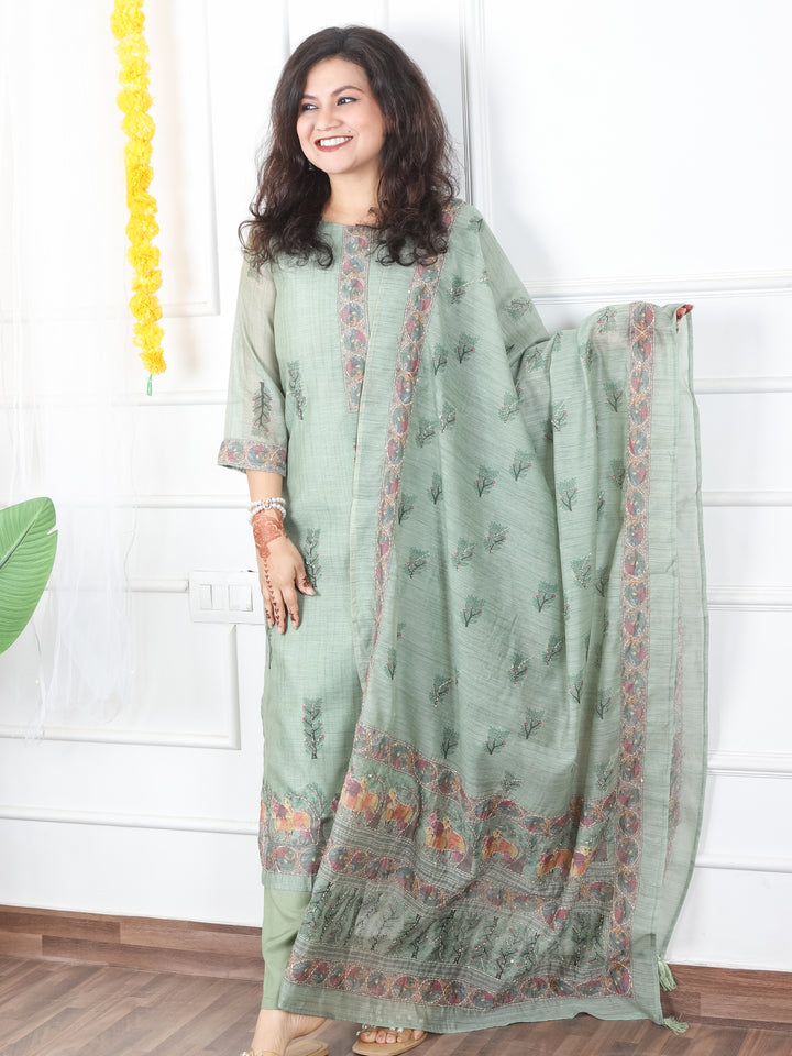 Kavish Fern Green Printed Hem with Kantha Work Detailing Chanderi 3 Piece Set