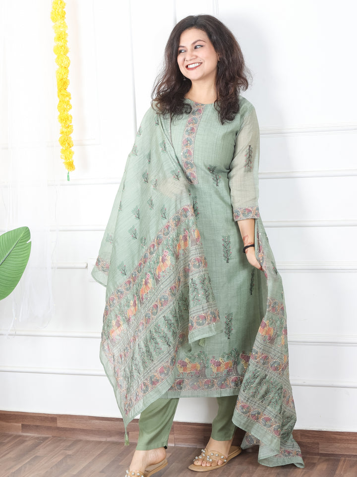 Kavish Fern Green Printed Hem with Kantha Work Detailing Chanderi 3 Piece Set