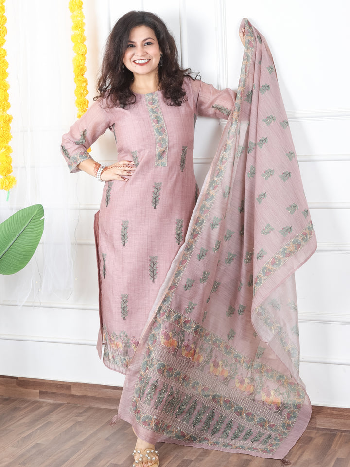 Kavish Soft Mauve Printed Hem with Kantha Work Detailing Chanderi 3 Piece Set