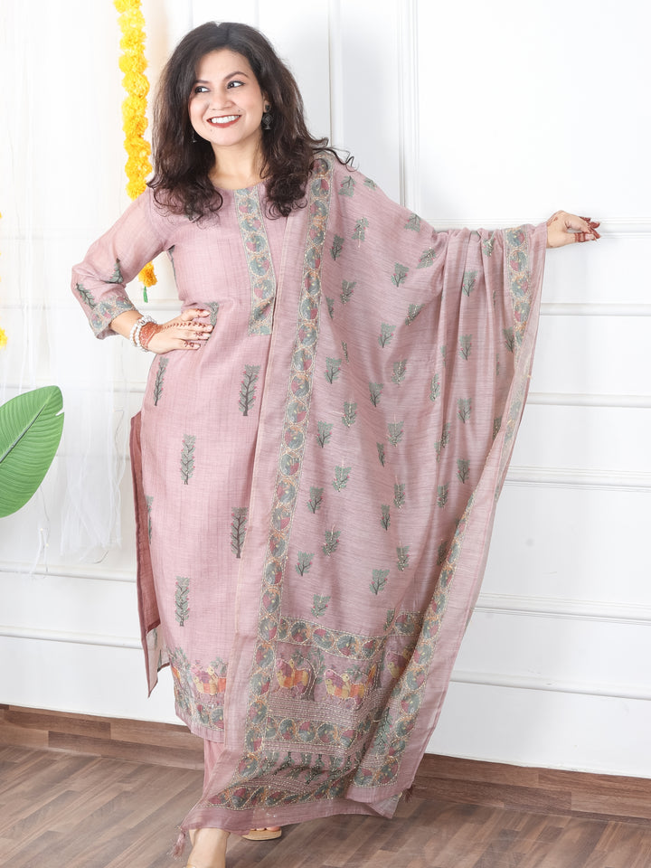 Kavish Soft Mauve Printed Hem with Kantha Work Detailing Chanderi 3 Piece Set