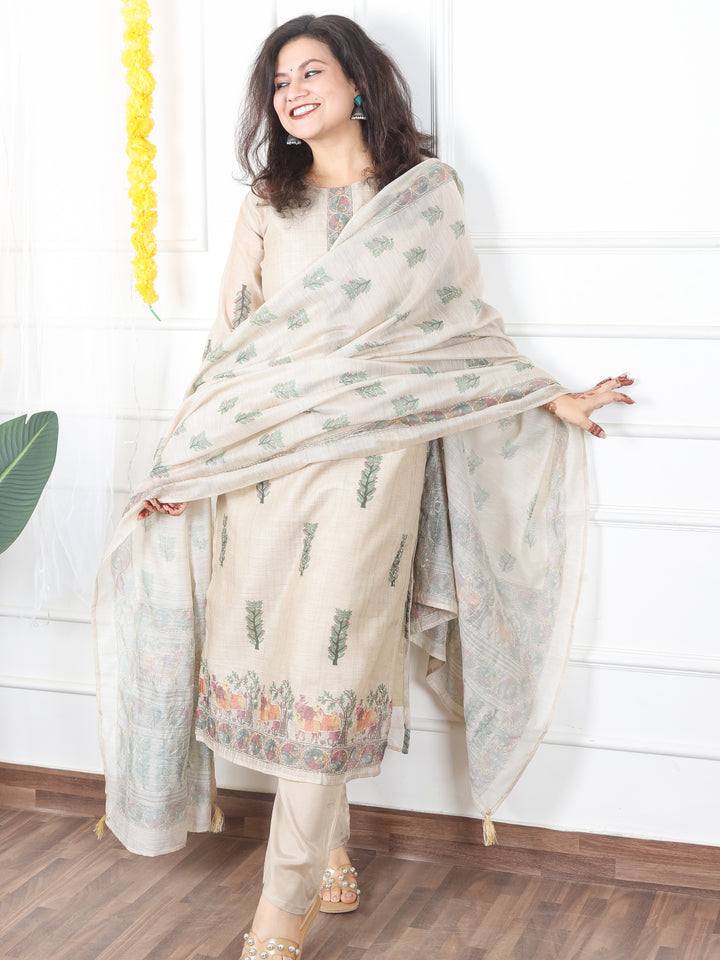 Kavish Sand Beige Printed Hem with Kantha Work Detailing Chanderi 3 Piece Set