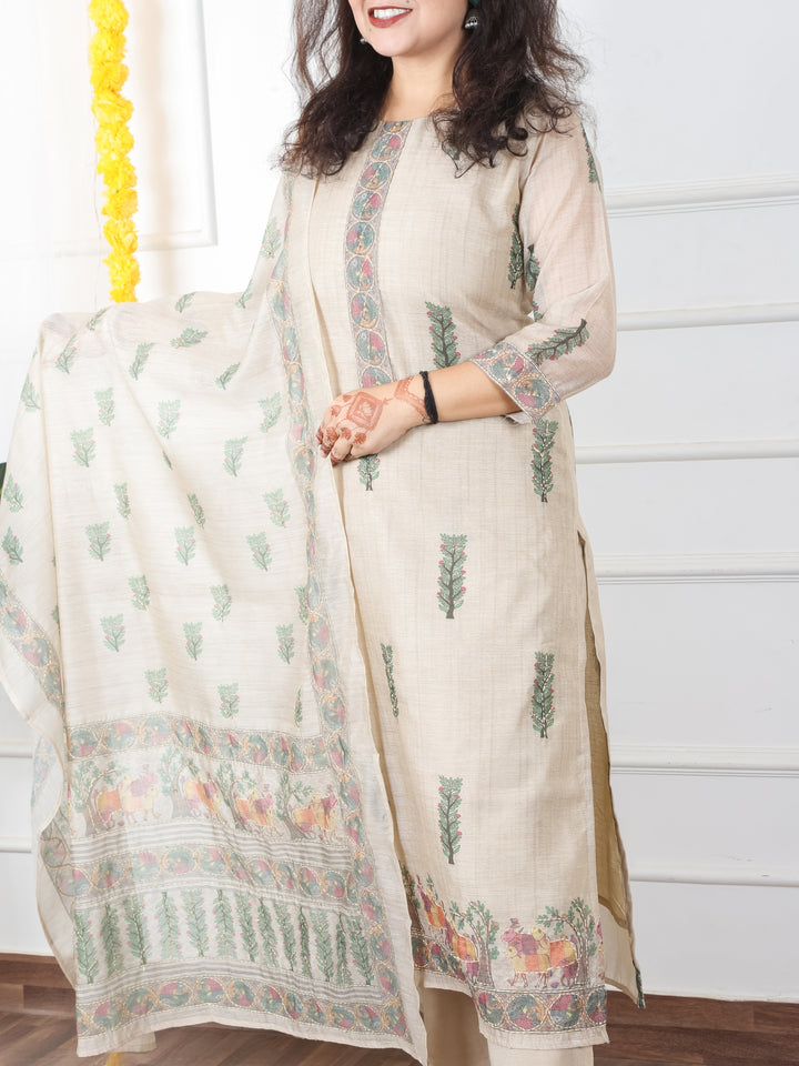Kavish Sand Beige Printed Hem with Kantha Work Detailing Chanderi 3 Piece Set