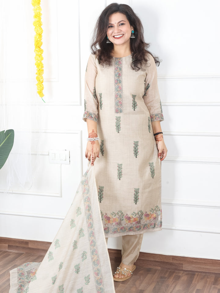 Kavish Sand Beige Printed Hem with Kantha Work Detailing Chanderi 3 Piece Set