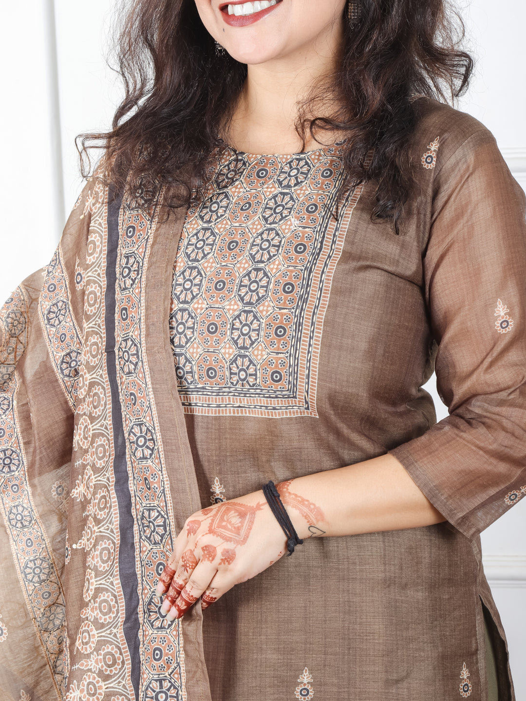 Mivaan Olive Green All Over Digital Printed with Kantha Work Chanderi 3 Piece Set