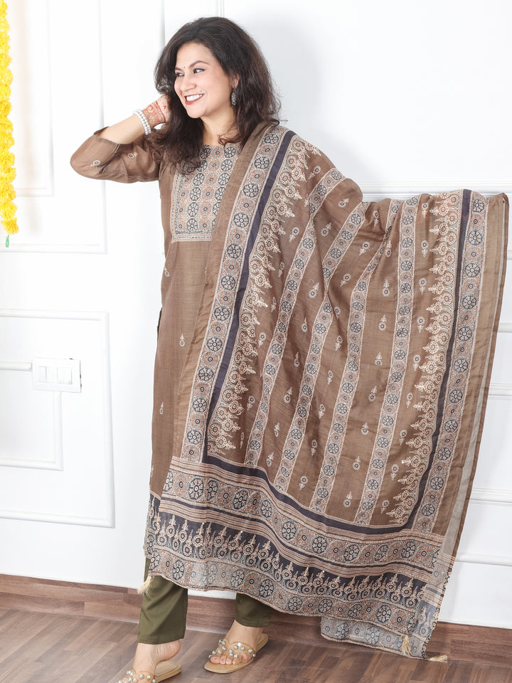 Mivaan Olive Green All Over Digital Printed with Kantha Work Chanderi 3 Piece Set