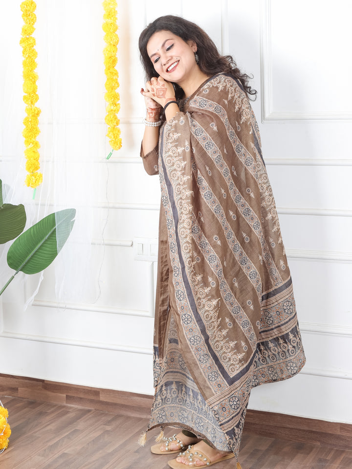 Mivaan Olive Green All Over Digital Printed with Kantha Work Chanderi 3 Piece Set