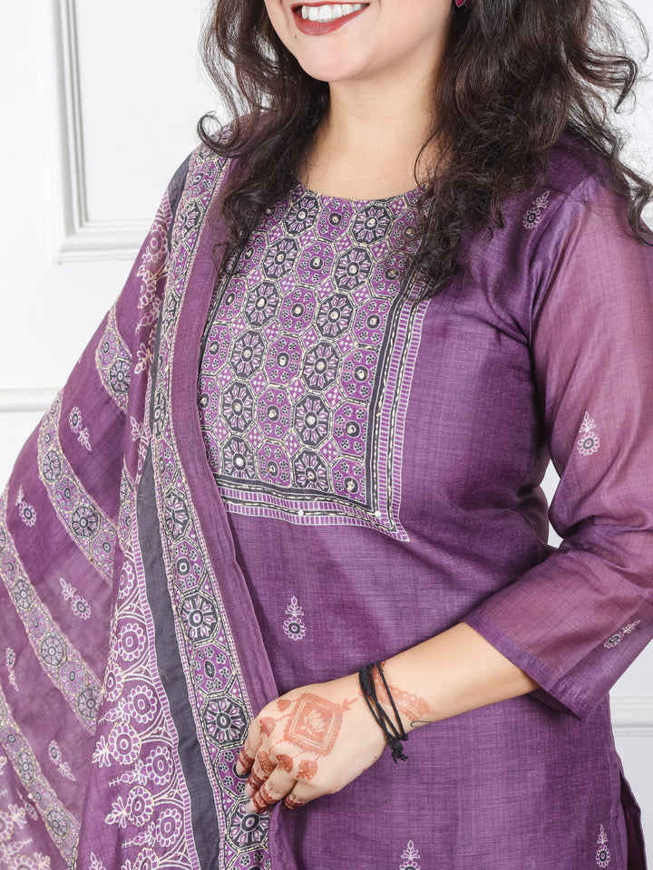Mivaan Orchid Purple All Over Digital Printed with Kantha Work Chanderi 3 Piece Set