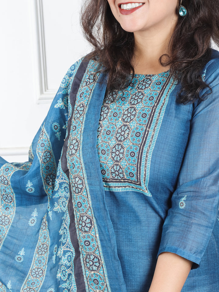 Mivaan Cerulean Blue All Over Digital Printed with Kantha Work Chanderi 3 Piece Set
