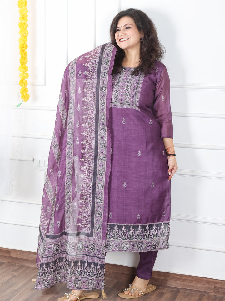 Mivaan Orchid Purple All Over Digital Printed with Kantha Work Chanderi 3 Piece Set