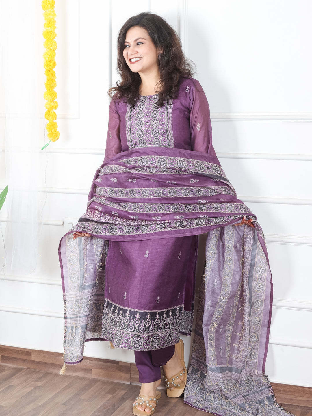 Mivaan Orchid Purple All Over Digital Printed with Kantha Work Chanderi 3 Piece Set