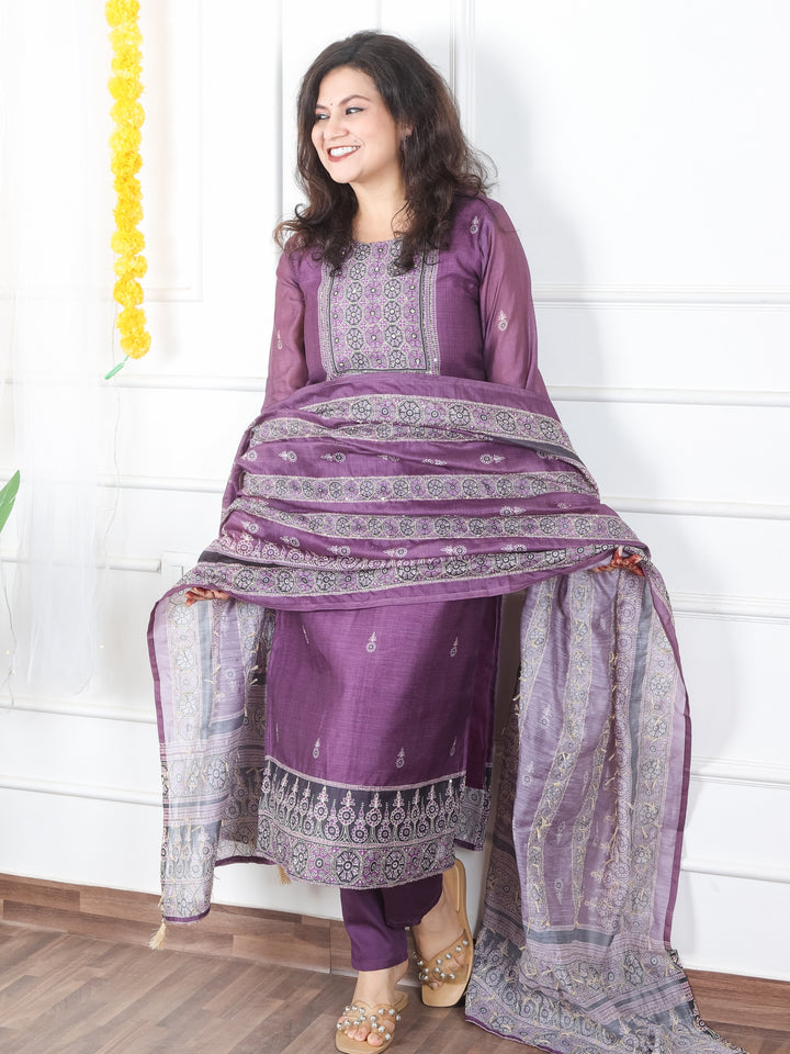 Mivaan Orchid Purple All Over Digital Printed with Kantha Work Chanderi 3 Piece Set