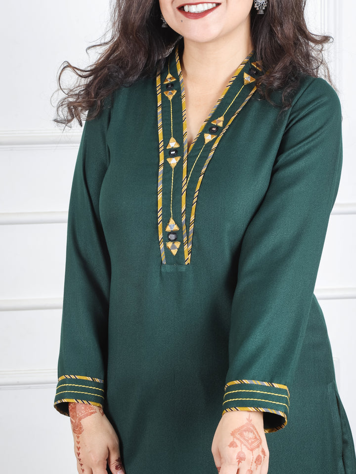 Priti Dark Green V Neck with Mirror in Patch Work Semi Pashmina Winter Kurti