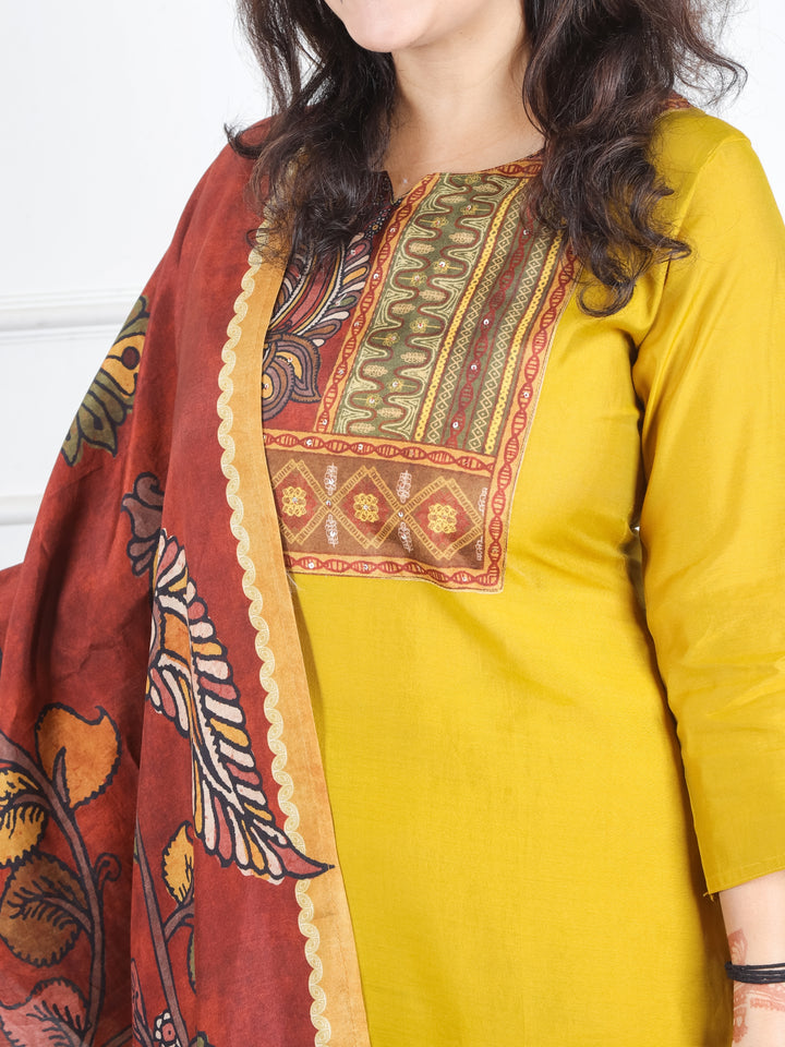Sundri Dandelion Yellow Kalamkari Printed with Kantha Work Cotton 3 Piece Set