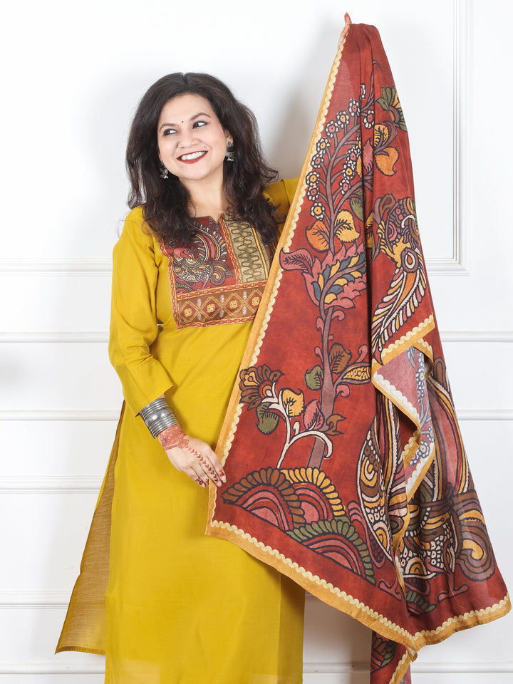 Sundri Dandelion Yellow Kalamkari Printed with Kantha Work Cotton 3 Piece Set