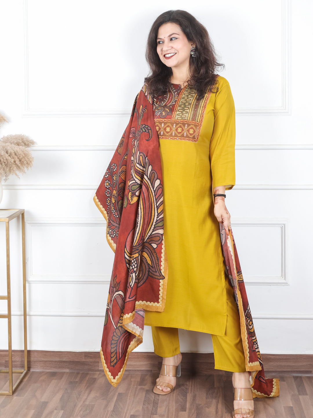 Sundri Dandelion Yellow Kalamkari Printed with Kantha Work Cotton 3 Piece Set