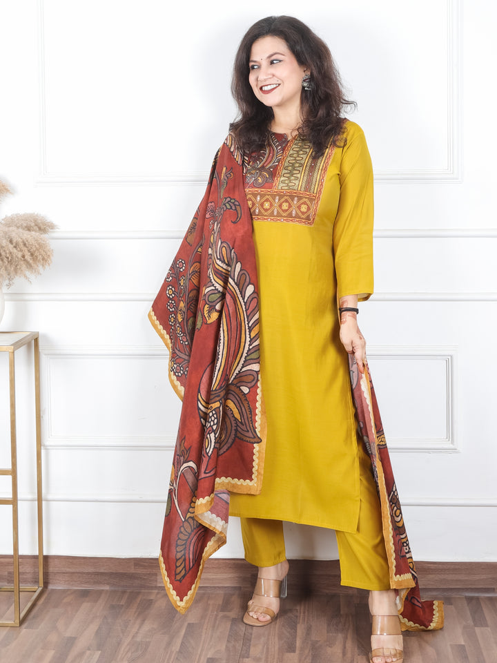 Sundri Dandelion Yellow Kalamkari Printed with Kantha Work Cotton 3 Piece Set