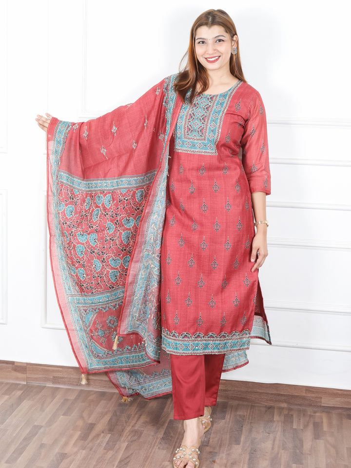 Jhanvi Mauve Red Digital Printed Neck with Kantha Detailing Chanderi 3 Piece Set