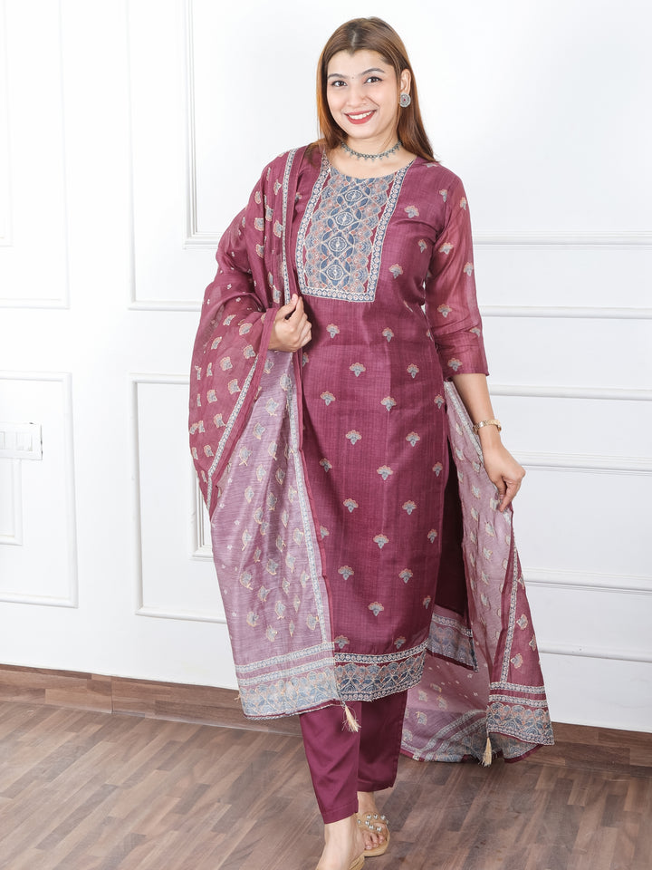 Khushi Mulberry Purple Digital Printed Neck with Kantha Detailing Chanderi 3 Piece Set