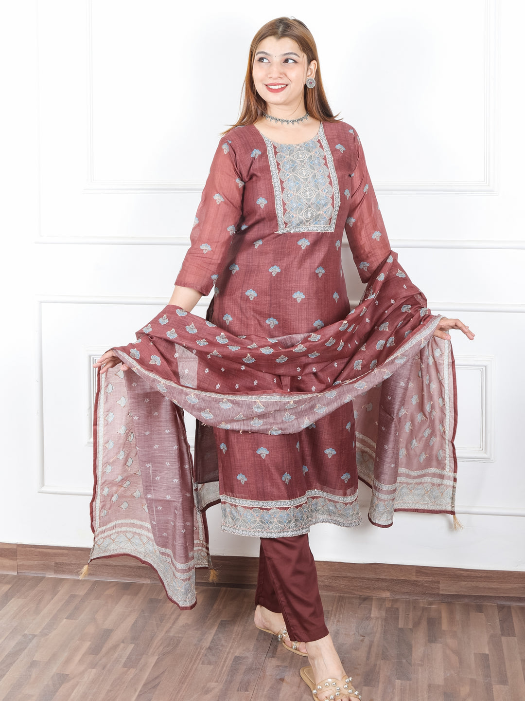Khushi Choclate Brown Digital Printed Neck with Kantha Detailing Chanderi 3 Piece Set