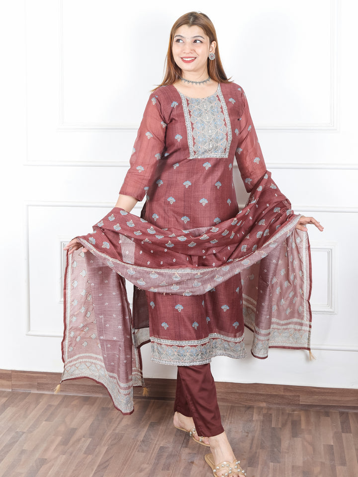 Khushi Choclate Brown Digital Printed Neck with Kantha Detailing Chanderi 3 Piece Set