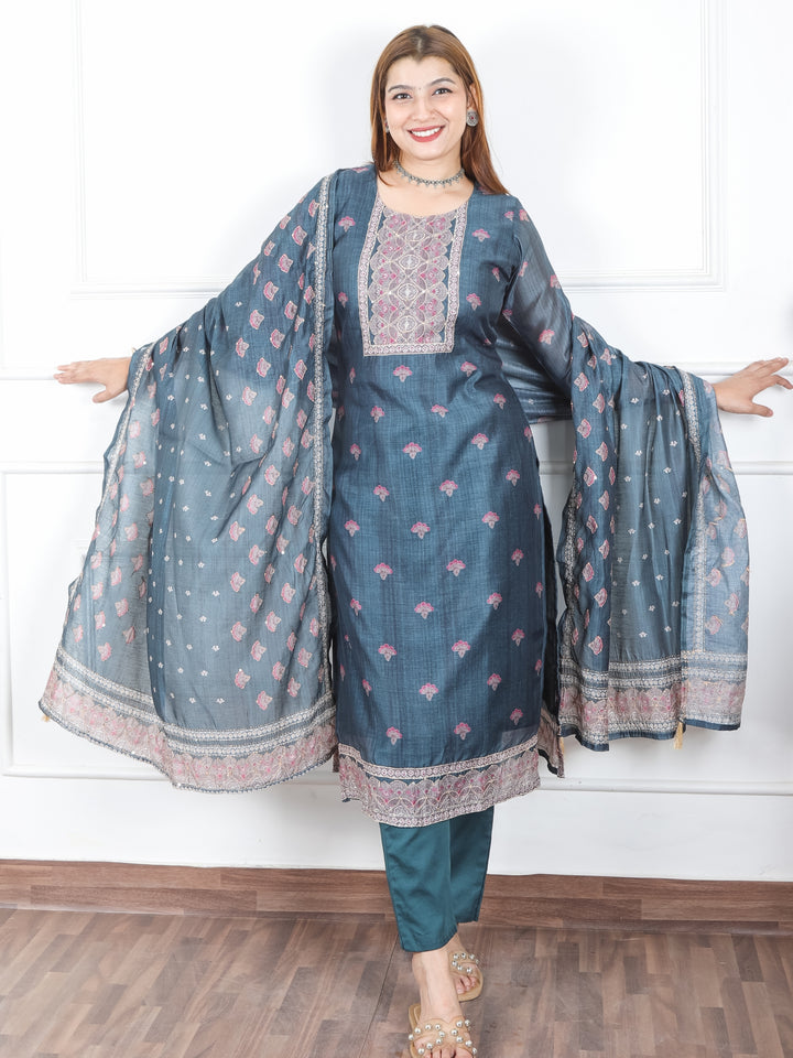 Khushi Navy Blue Digital Printed Neck with Kantha Detailing Chanderi 3 Piece Set
