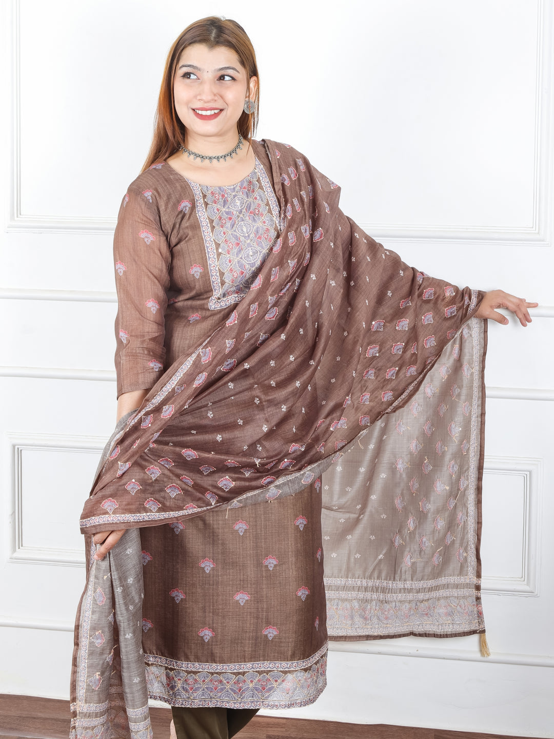 Khushi Tan Olive Digital Printed Neck with Kantha Detailing Chanderi 3 Piece Set