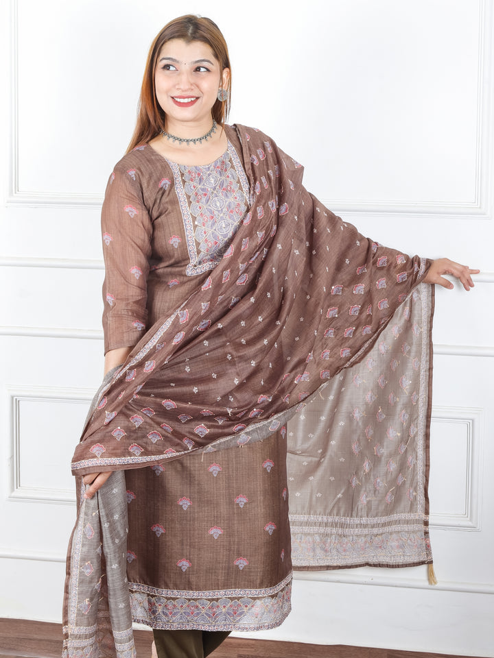 Khushi Tan Olive Digital Printed Neck with Kantha Detailing Chanderi 3 Piece Set