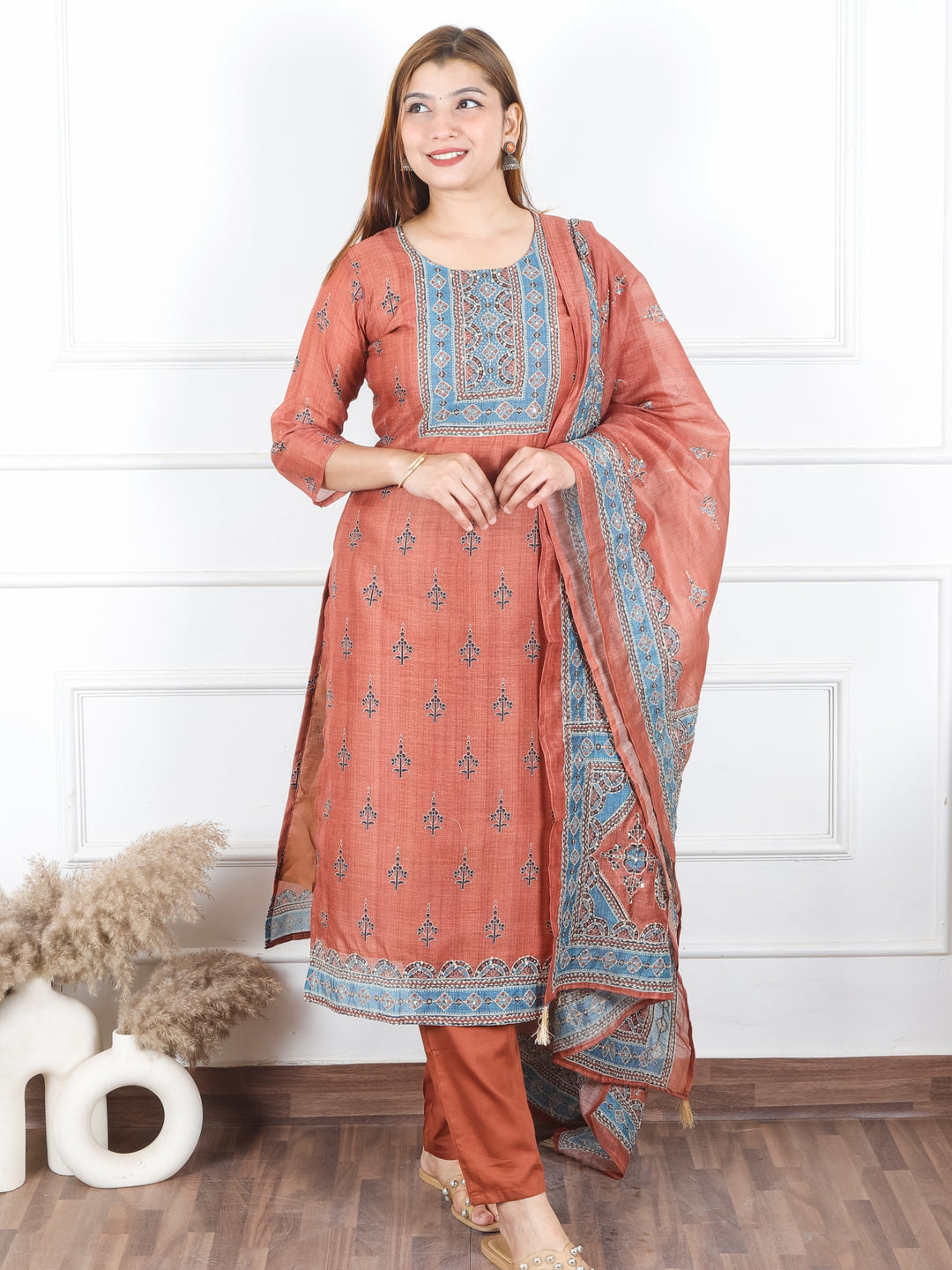 Jhanvi Burnt Rust Digital Printed Neck with Kantha Detailing Chanderi 3 Piece Set