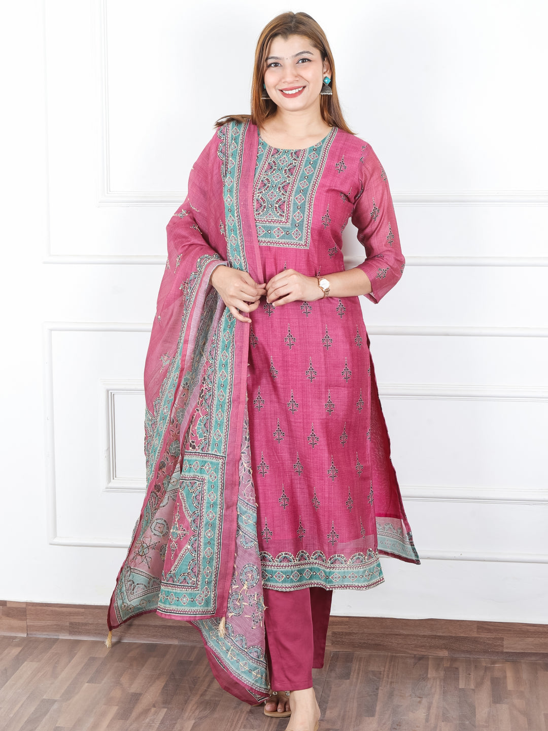 Jhanvi Onion Purple Digital Printed Neck with Kantha Detailing Chanderi 3 Piece Set