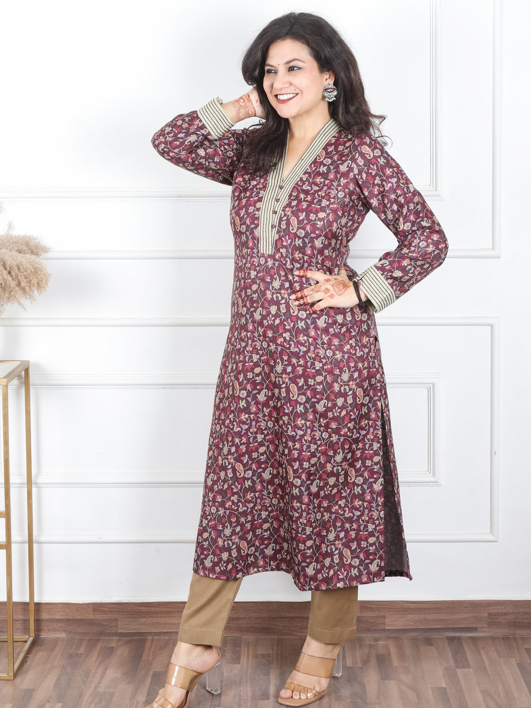 Pranjali Cherry Red Thread Work in Floral Printed Semi Pashmina Winter Kurti
