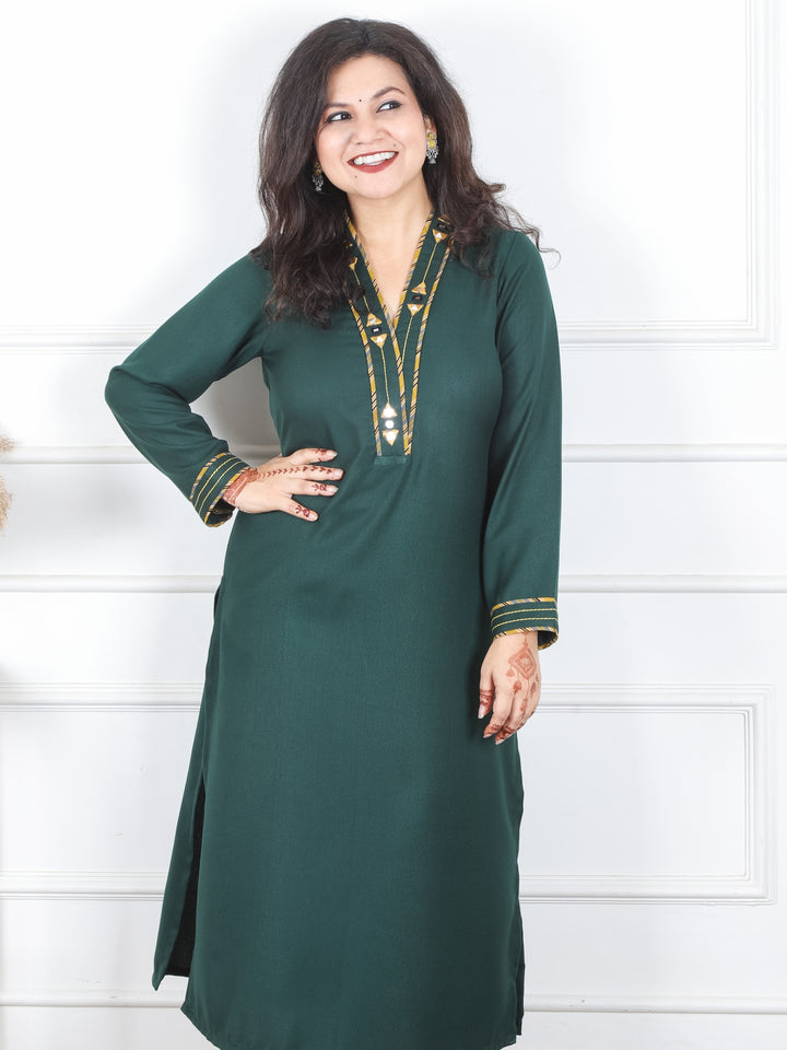 Priti Dark Green V Neck with Mirror in Patch Work Semi Pashmina Winter Kurti