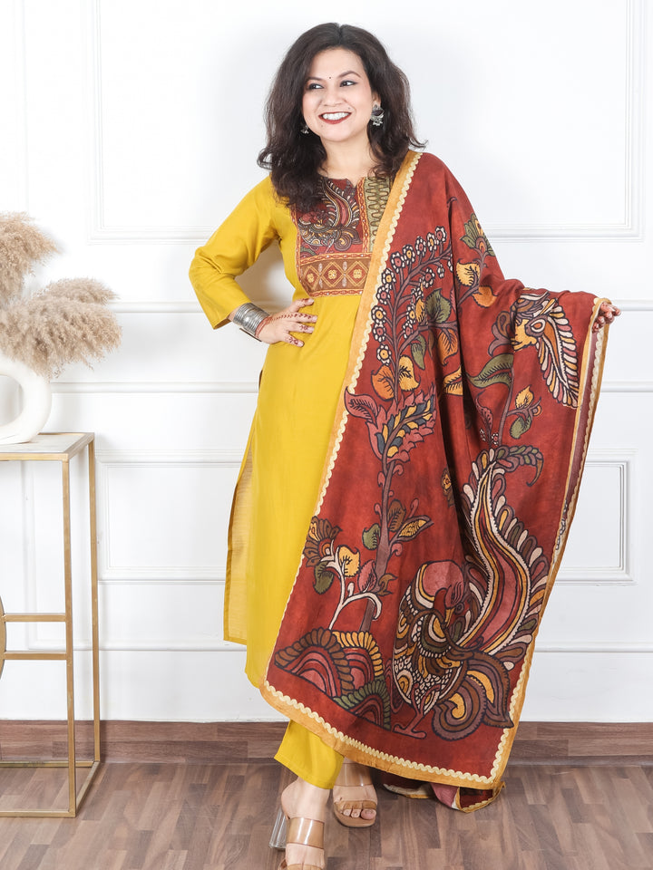 Sundri Dandelion Yellow Kalamkari Printed with Kantha Work Cotton 3 Piece Set