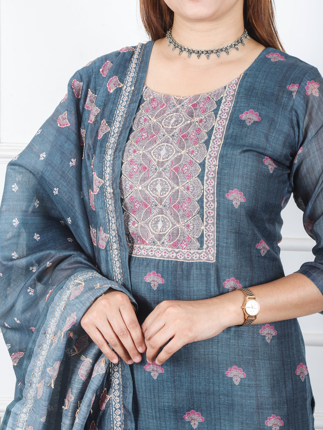Khushi Navy Blue Digital Printed Neck with Kantha Detailing Chanderi 3 Piece Set