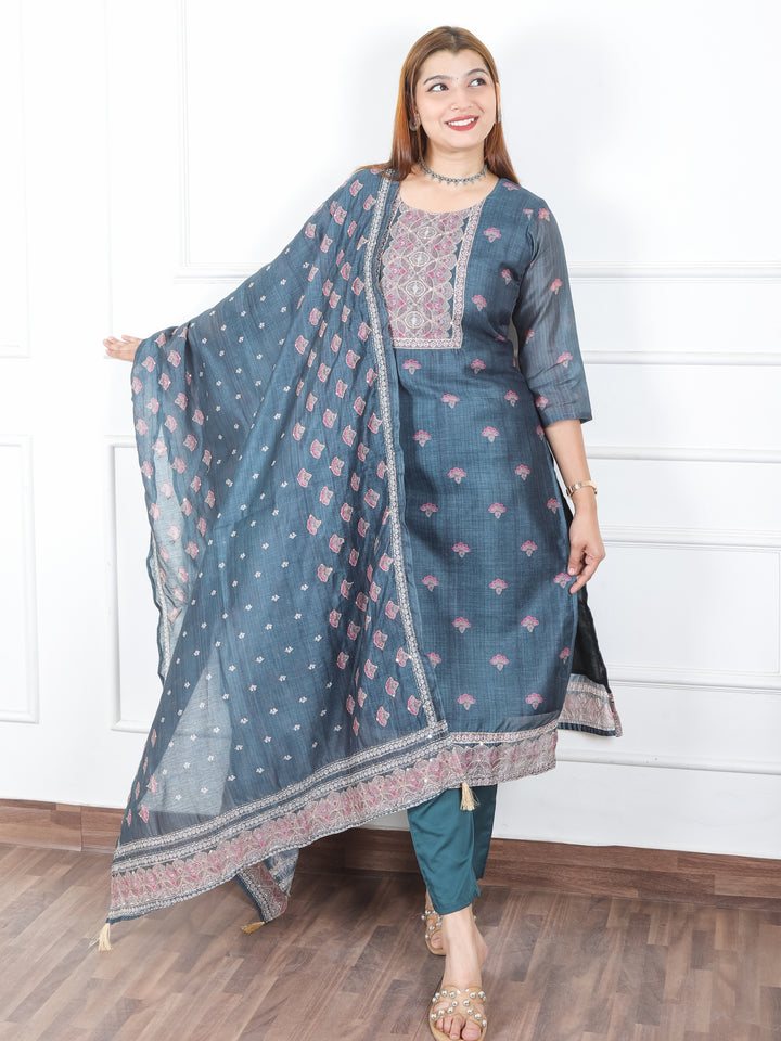 Khushi Navy Blue Digital Printed Neck with Kantha Detailing Chanderi 3 Piece Set