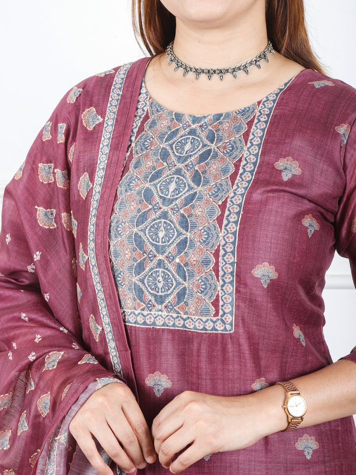 Khushi Mulberry Purple Digital Printed Neck with Kantha Detailing Chanderi 3 Piece Set