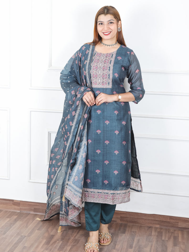 Khushi Navy Blue Digital Printed Neck with Kantha Detailing Chanderi 3 Piece Set